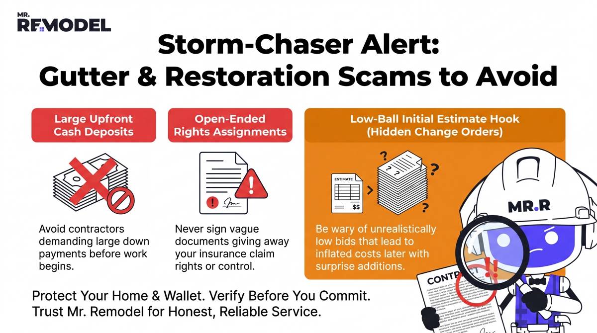 A bold comparative graphic illustrating the "Avoid These Common Scams" section. It lists the three predatory practices exposed in the text: The Upfront Cash Deposit Trap (Red Alert Circle), The Open-Ended Insurance Rights Assignment (Warning Shield), and The Low-Ball Bid Hook (Change Order Trap), contrasting them against standard transparent mitigation invoices.